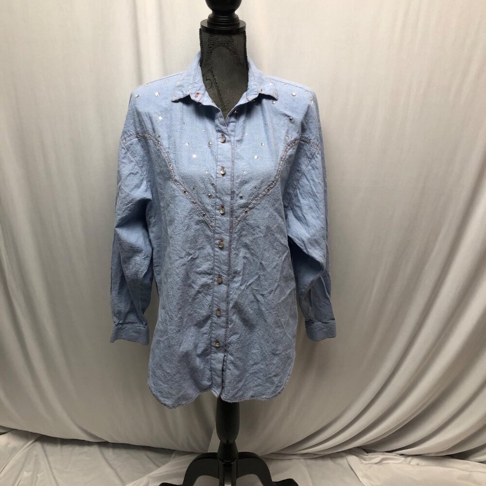 Ann Michael Shirt Womens Size Medium Light Blue Button Up Rhinestone Cotton 80s